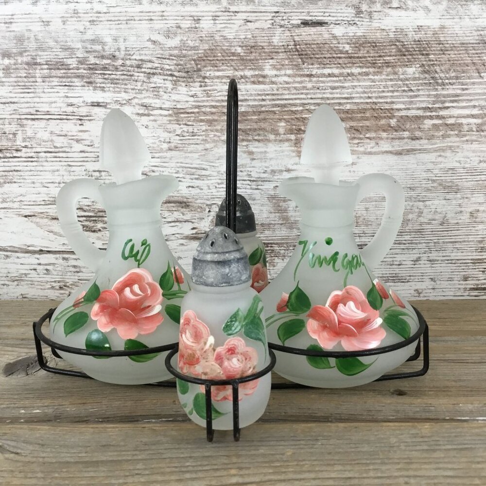 Hazel Atlas Gay Fad Glass Cruet & Salt Pepper Set W/ Metal Holder Floral Roses